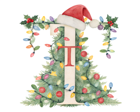 Watercolor christmas letter t with santa hat, christmas tree, and christmas lights isolated on transparent background