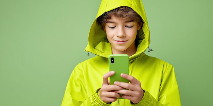 Young boy in bright green jacket holding smartphone, smiling and standing against a matching green background.