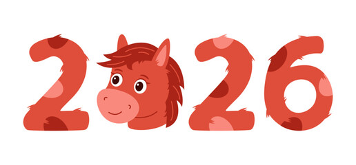 New Year's card template for the Year of the Horse 2026. Zodiac animal cartoon character. Vector illustration