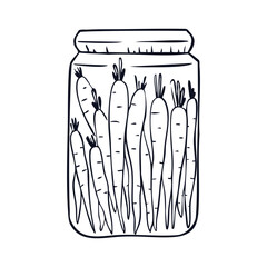 Canned carrots in doodle style. Cooking food with vegetables, pickled carrots. Vector illustration