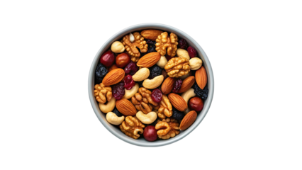 Healthy snack mix of assorted nuts and dried fruits in a bowl top view isolated on transparent background