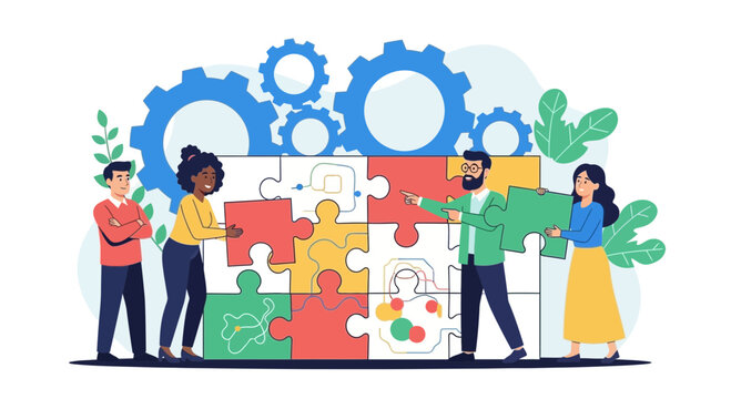 A diverse group of people works together to assemble a large, colorful puzzle with gears in the background, symbolizing teamwork and problemsolving