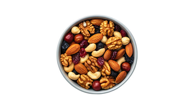 Healthy snack mix of assorted nuts and dried fruits in a bowl top view isolated on transparent background - Powered by Adobe