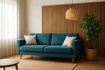 Modern teal sofa with cushions in a cozy living room with wood paneled wall illustration