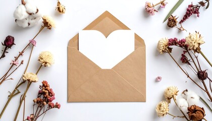 Blank white card in tan envelope surrounded by dried flowers on a white background