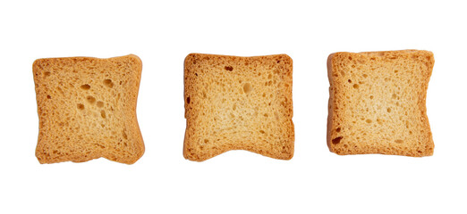 whole wheat mini toasts, toasted slices of bread or rusks isolated on white background, top view