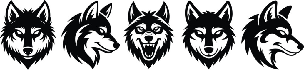 Wolf head silhouettes, fierce animal icons, graphic style, black and white, wild nature, predator face, bold lines, tribal design, logo-ready