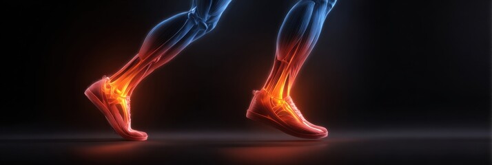 Running Athlete Showcasing Dynamic Leg Movement and Muscle Engagement Illuminated Against Dark Background