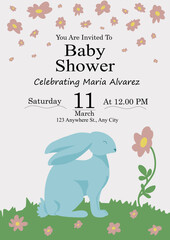 Baby Shower Invitation with Cute Blue Rabbit and Flowers