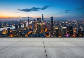 Panoramic view of a modern city skyline at dusk with a river and illuminated skyscrapers, showcasing urban development and city lights