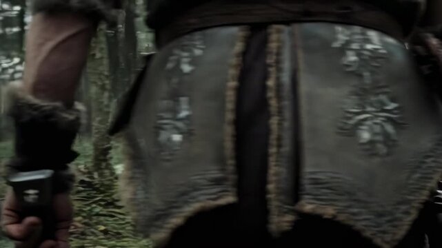A close-up view of a Vikings hand holding an axe, decorated with intricate floral patterns. The textures and details capture the essence of the medieval era