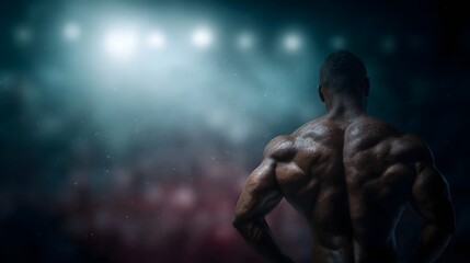 A powerfully built bodybuilder stands with his back to the  illuminated by a bright spotlight on a stage with a blurred audience