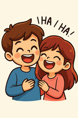 Cute cartoon couple laughing together, joyful expression.
