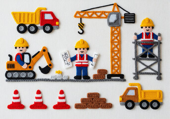 Fototapeta premium Construction Site Scene with Vehicles, Workers, and Building Materials, Vibrant and Whimsical Style