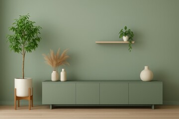 Modern living room interior design with a sleek gray cabinet and potted plant illustration