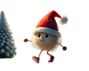 Cartoon christmas character wearing santa hat and shoes next to christmas tree isolated on transparent background