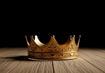 Golden royal crown resting on a wooden surface with dramatic lighting and dark background