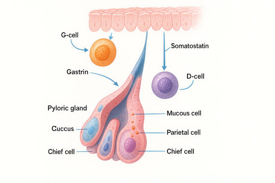 Diagram illustrating the cells and hormones of the pyloric gland in the stomach lining, showing G-cells producing gastrin and D-cells producing somatostatin, and their interactions with mucous, pariet