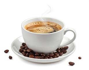 Fototapeta premium Aromatic coffee cup with steam and coffee beans