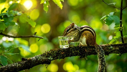 Chipmunk sipped drink on branch in lush foliage, sunlight filtering through leaves