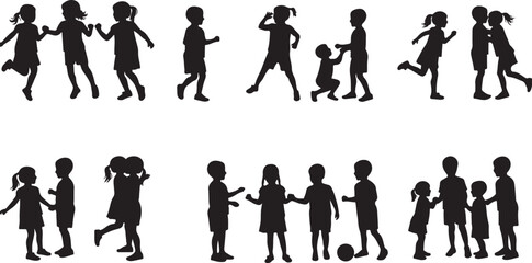 PrintChildren silhouette activity, playful movement, black outline, social interaction, running pose, childhood joy, group play, energy, fun, expression
