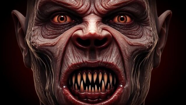 A detailed close-up of a demonic monster's face staring intently. High-contrast lighting reveals every horrifying detail, creating a sense of pure dread for Halloween