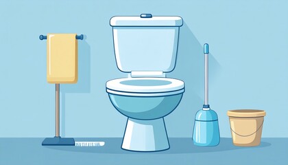 Cartoon toilet with towel rack, plunger and bucket on blue background