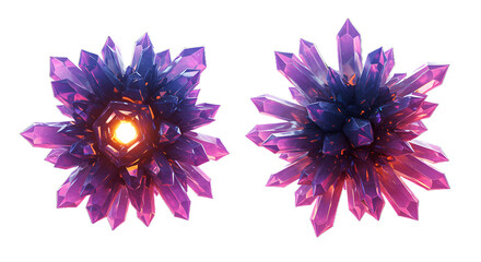 Two Vibrant Purple Crystal Clusters with Glowing Core on Black Background png clear alpha channel cutout isolated on transparent background