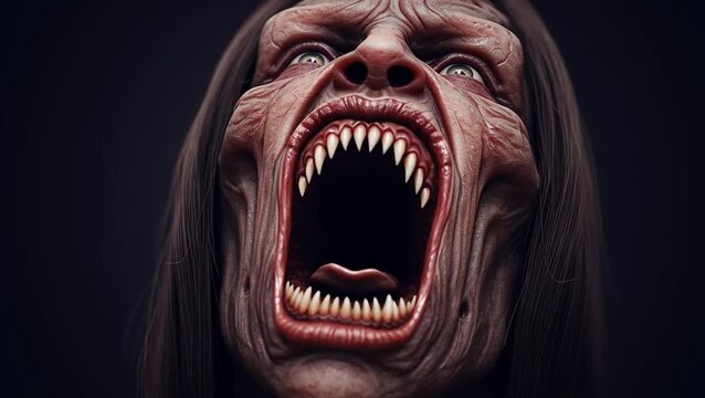 A photorealistic monster face snarls from deep shadow. Its glowing eyes and wet, jagged teeth radiate pure evil in this chilling, high-contrast close-up&mdash;a tableau of visceral dread.