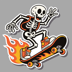 Vintage Cartoon Skeleton Skater Mascot with Flame Skateboard