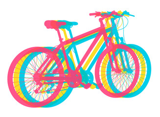 Bicycle in three colors. Mountain sport bike graphic design for shop poster, competition flyer, scrapbooking. 3D illustration isolated on white background