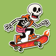 Vintage Cartoon Skeleton Skater Mascot with Flame Skateboard