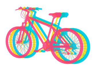 Bicycle in three colors. Mountain sport bike graphic design for shop poster, competition flyer, scrapbooking. 3D illustration isolated on white background