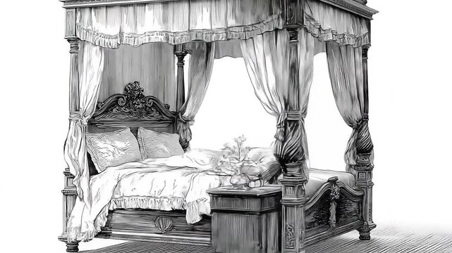 Ornate four-poster bed with canopy and decorative headboard, depicted in detailed black and white illustration.