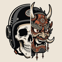 Split Skull Hannya Demon Motorcycle Helmet Vector Mascot