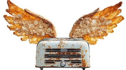 Rusty toaster with fried egg wings isolated on white background