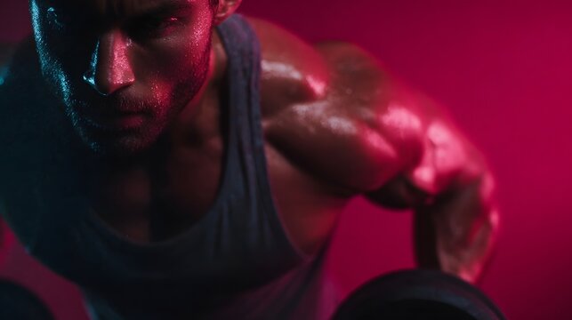 Muscular man performing dumbbell row exercise with intense focus and sweat under dramatic red and blue lights