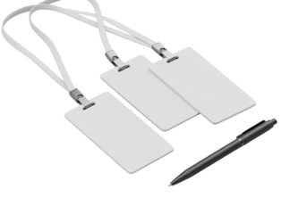 Three blank white ID badges with lanyards and silver clasps, matte black rollerball pen on transparent, 45-degree high-angle studio shot, high-key lighting, concept of professional corporate identity