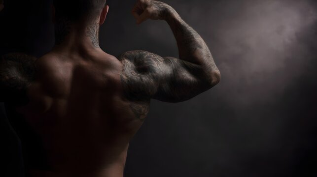 A muscular tattooed man flexes his back and arm muscles in a dark smoky atmospheric setting showcasing strength and body art