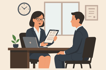 Professional job interview with a female interviewer and male candidate in an office setting