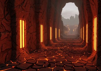 Pathway through a fiery volcanic cave with glowing orange lights and rocky walls