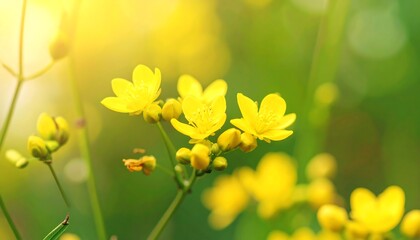 Obraz premium Brightly lit yellow flowers bloom in soft focus against a blurred green background