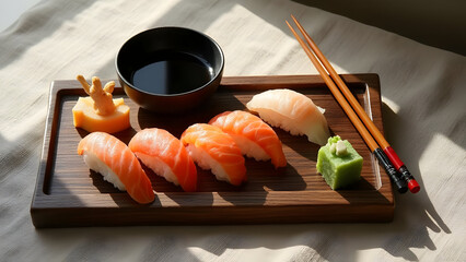 close up of fresh salmon and white fish nigiri sushi arranged on wooden board with soy sauce bowl for japanese dining concept.