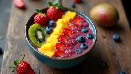 fresh healthy smoothie bowl topped with sliced strawberries mango kiwi and blueberries on rustic wooden table for wellness food concept.
