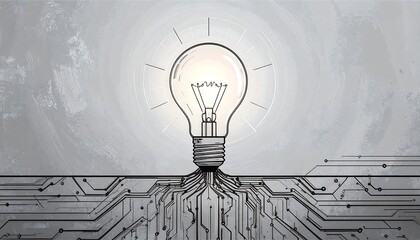 Light bulb with circuit board roots, sketch illustration on gray textured background
