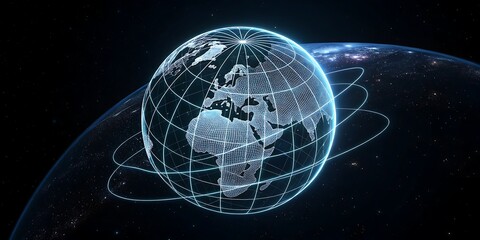 Obraz premium Digital Earth Globe with Glowing Lines and Planet Background in Deep Space.