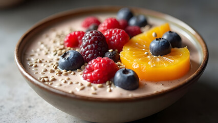 fresh healthy smoothie bowl topped with sliced strawberries mango kiwi and blueberries on rustic wooden table for wellness food concept.
