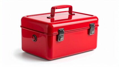 Bright red metal box with handle and silver latch on white background