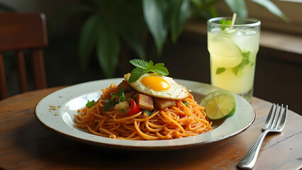 appetizing plate of spicy fried noodles topped with sunny side up egg and lime served with refreshing iced drink on wooden table.
