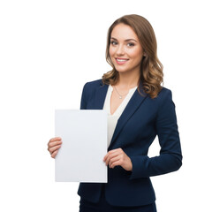 Naklejka premium Smiling businesswoman in a suit holding a blank white paper isolated on transparent background